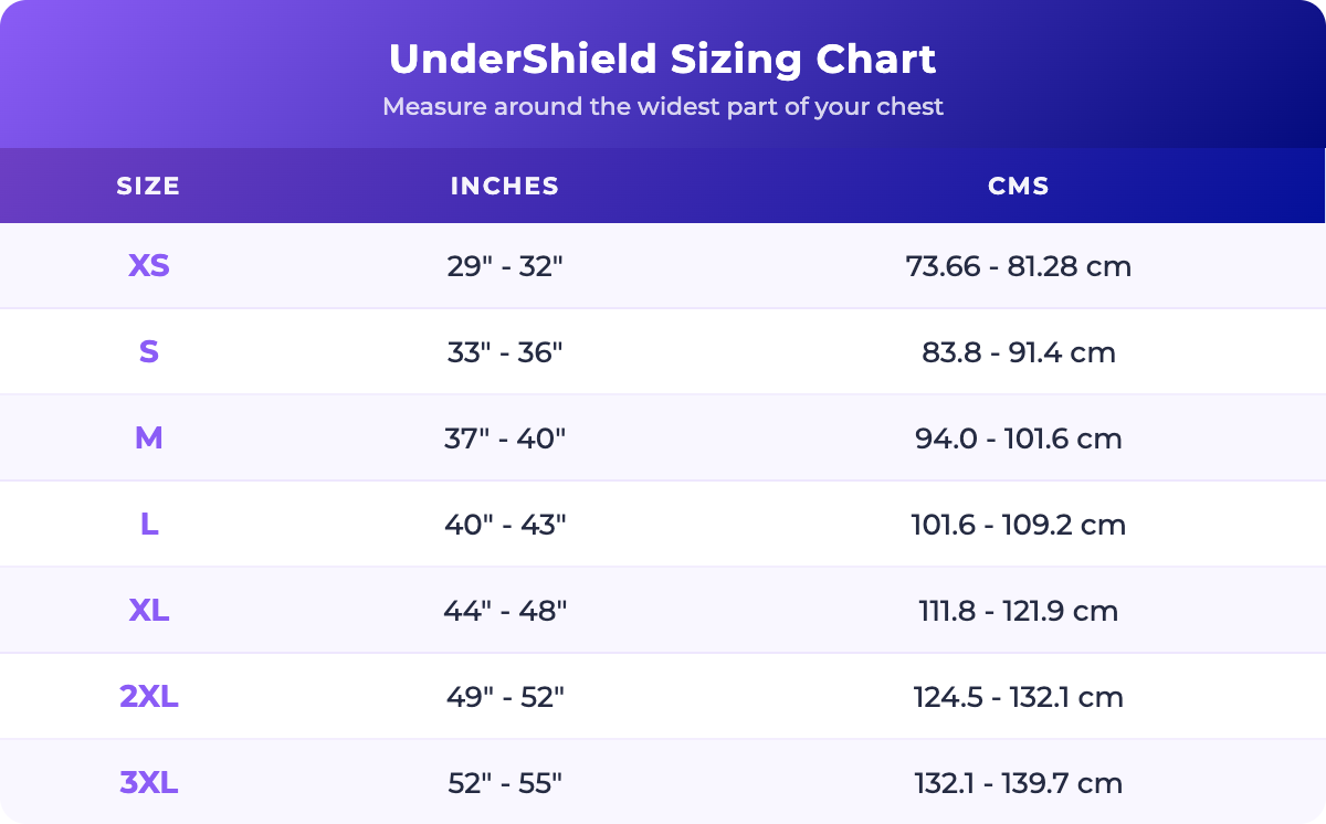 UnderShield Sizing Chart - XS to 3XL